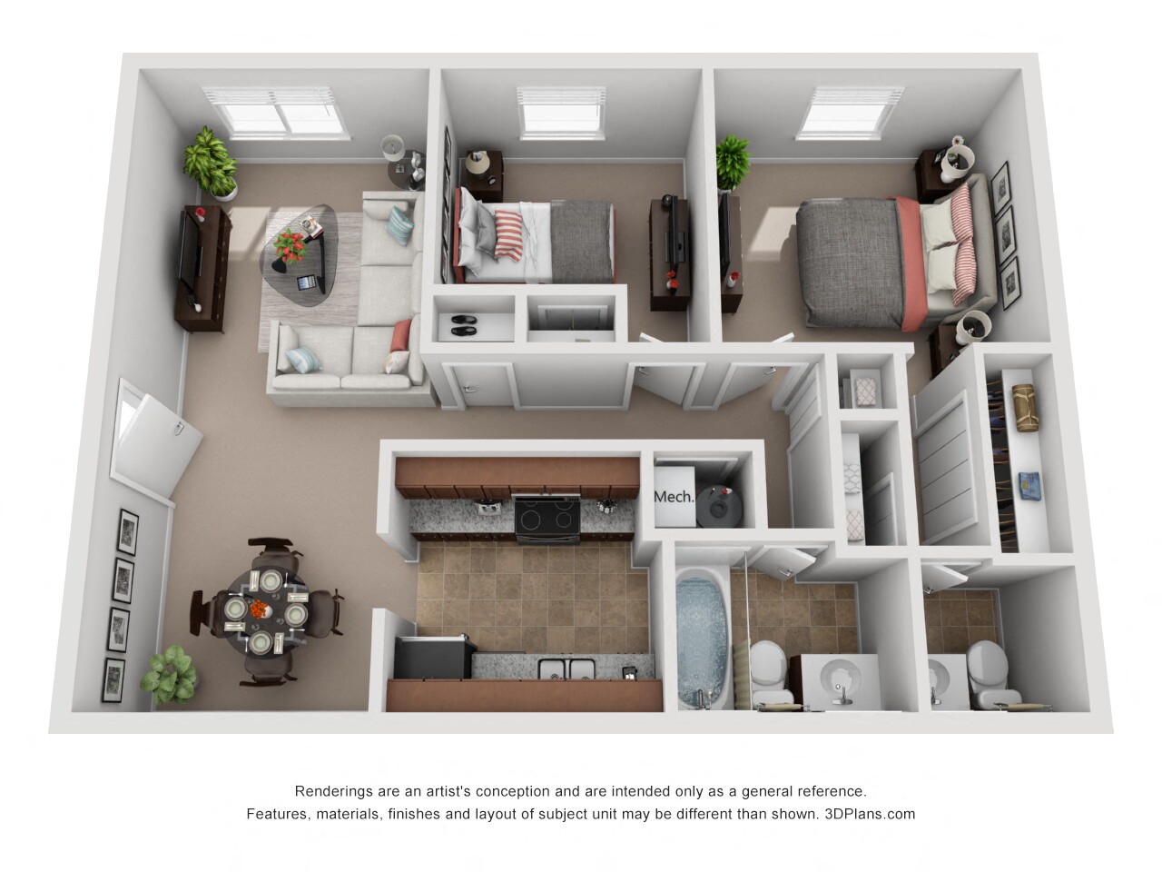 Floor plan for 2 beds, 1.5 baths, 926 sqft